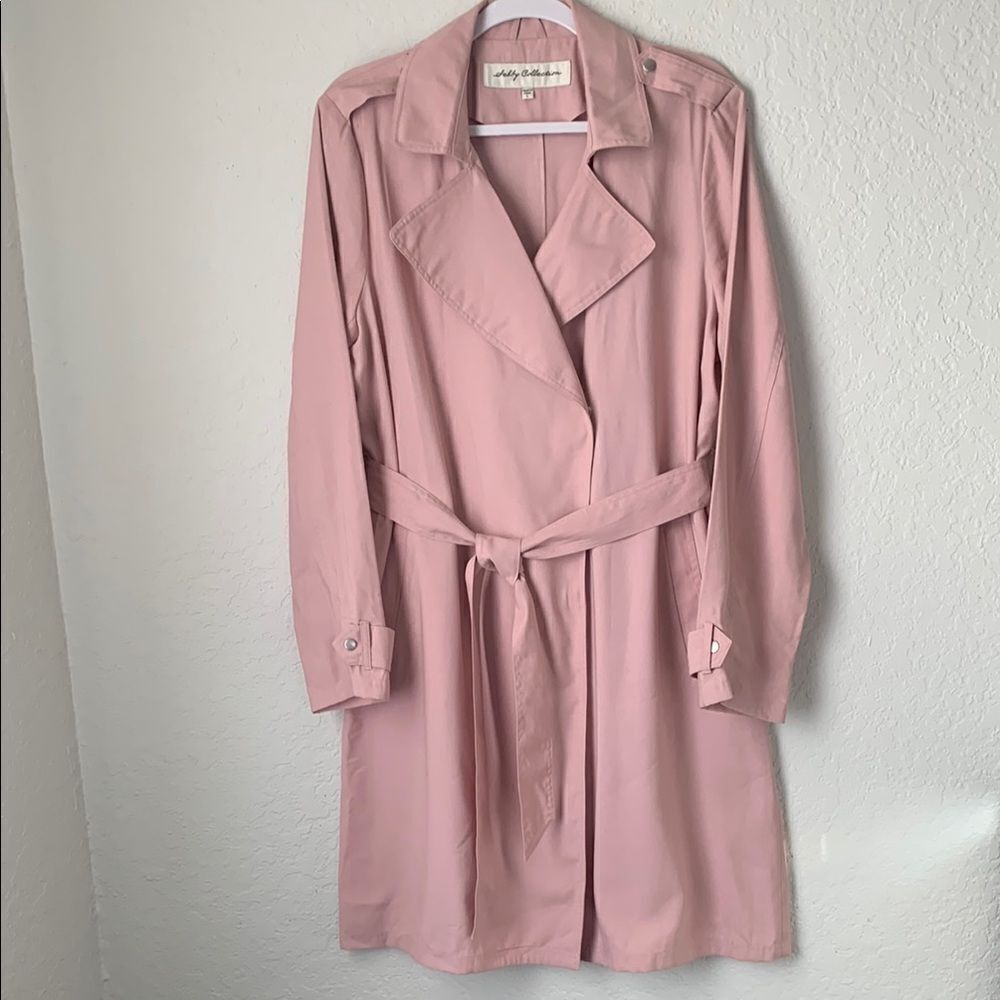 Sebby Collection Rayon Blend Pink Belted Pockets Clasp Trench Coat Size L